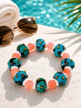 Hand Crafted Floral Lampwork Glass Beaded Bracelet 7.25” stretch
